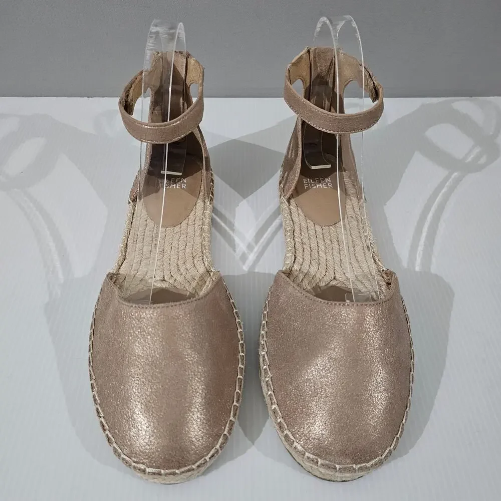 Eileen Fisher Lala Flat Espadrille Womens 9 Metallic Tan Leather Sandal
